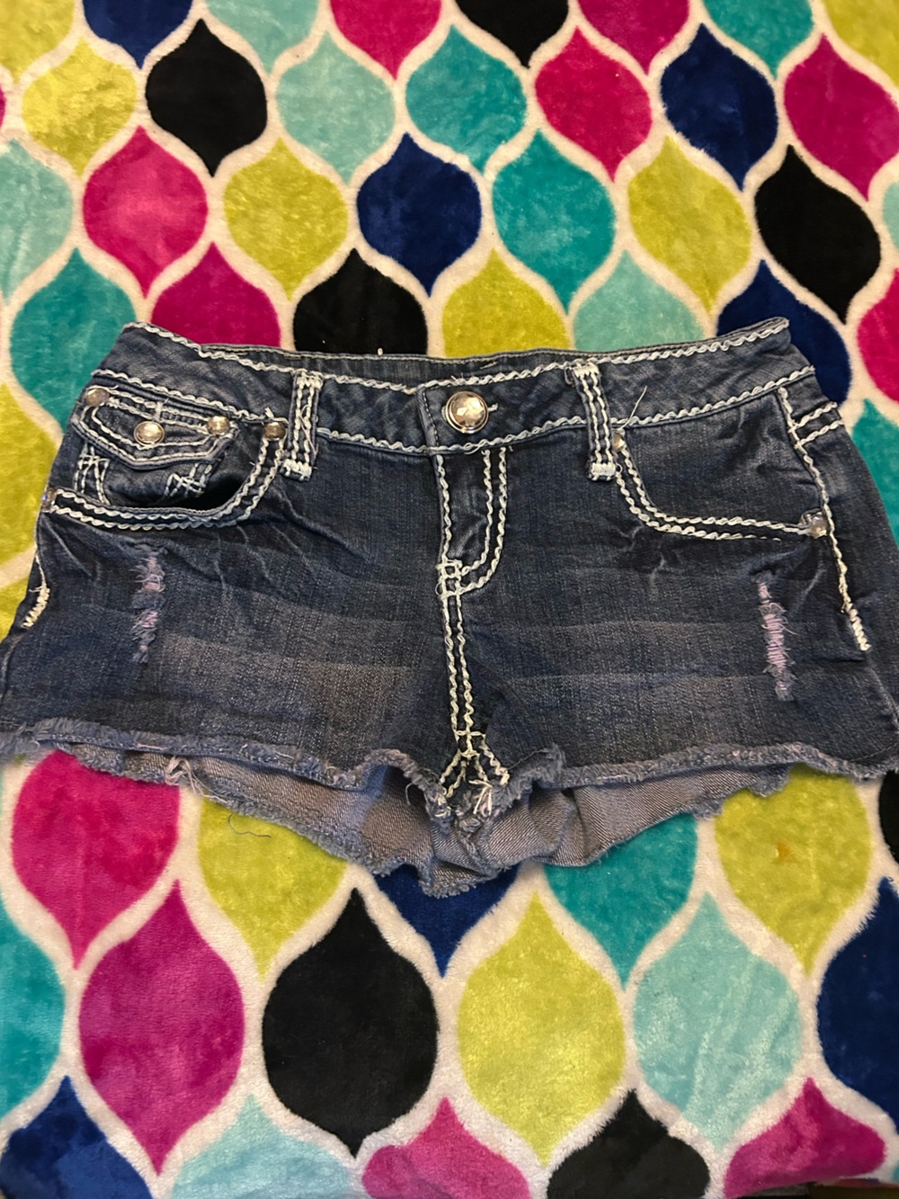 7 For All Mankind Dark Blue Denim Cutoff Shorts with White Stitching